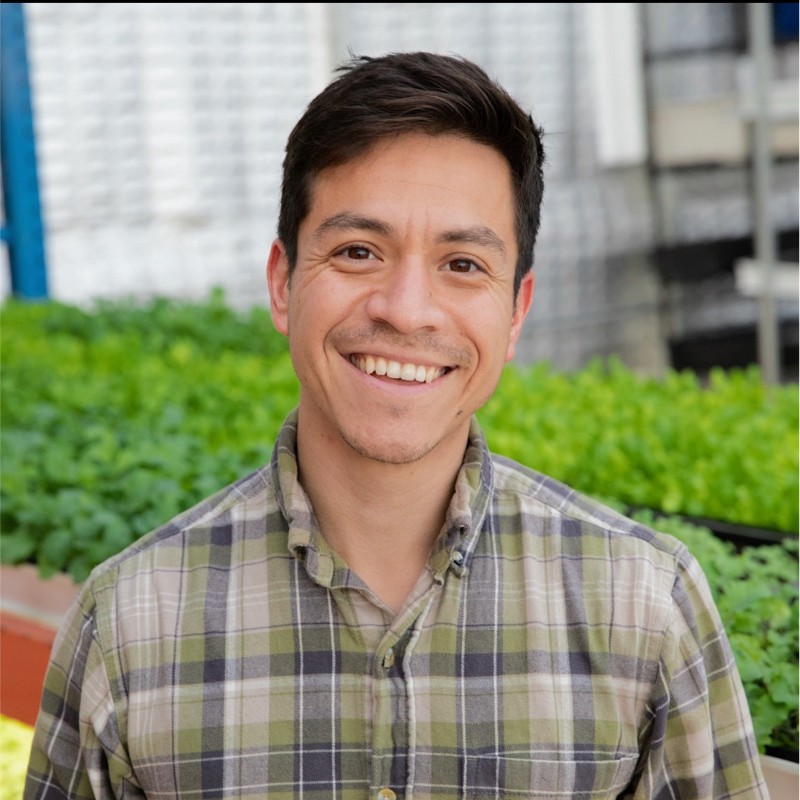 A young latino wearing a plaid shirt and smiling standing in front of produce he is growing on his farm. He supports Proposition FF.